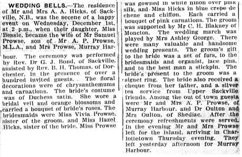 Newspaper wedding of Samuel Prowse and Bessie Hicks